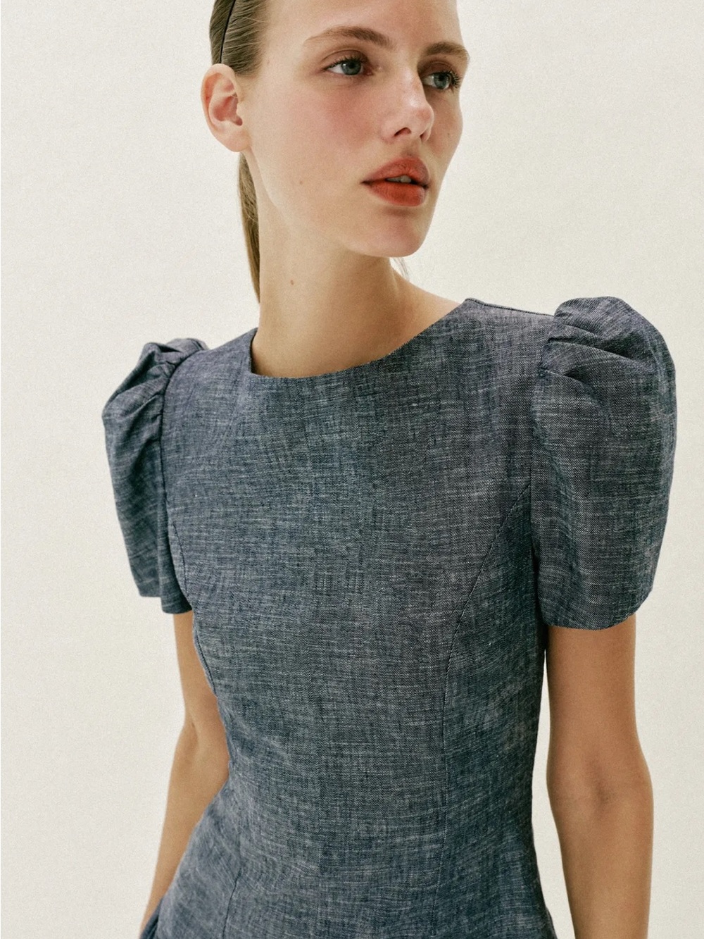 Zara Puff-Sleeve Mini Dress in Heathered Blue - Picture 5 of 8